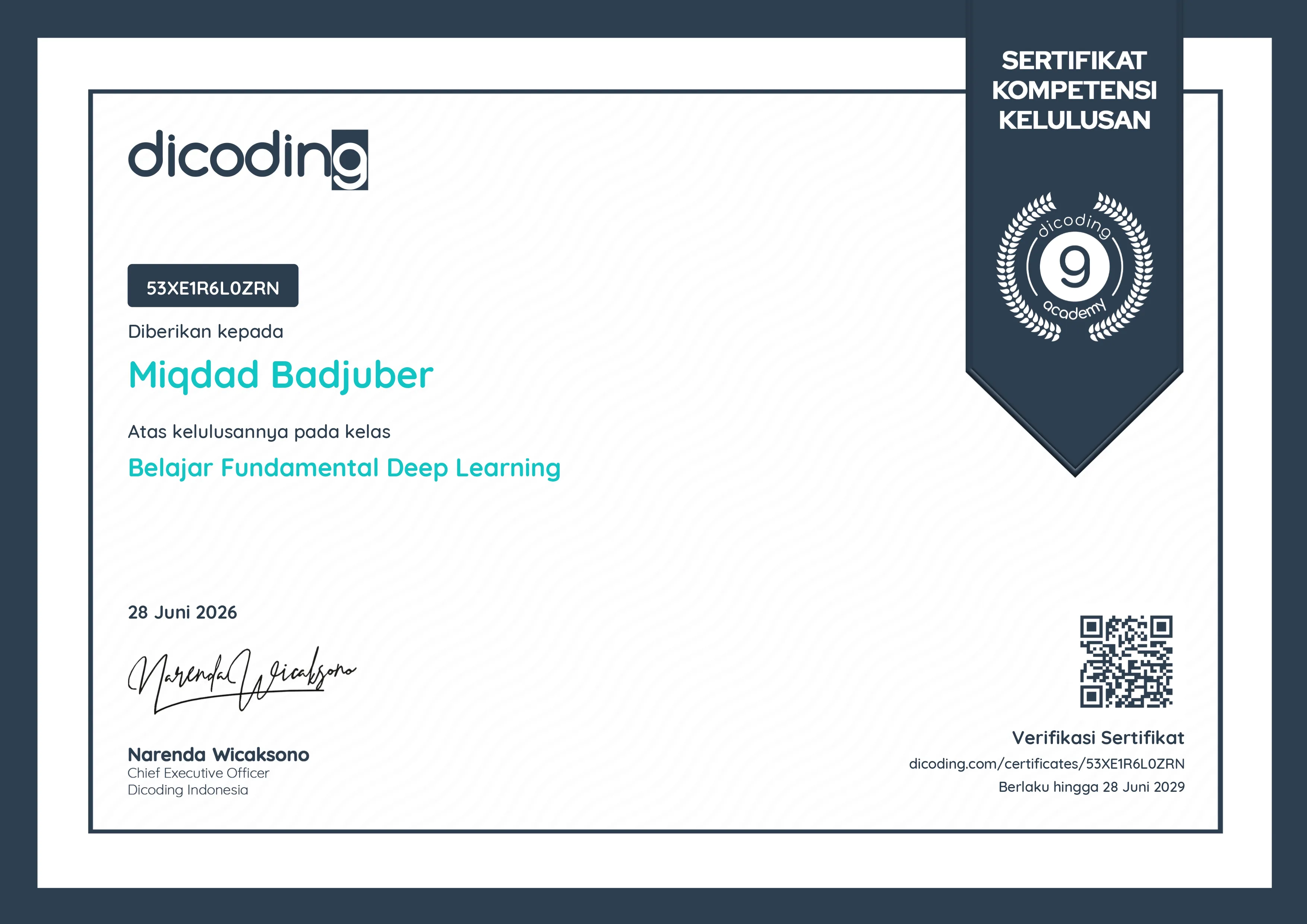 Certificate Fundamental Deep Learning from Dicoding