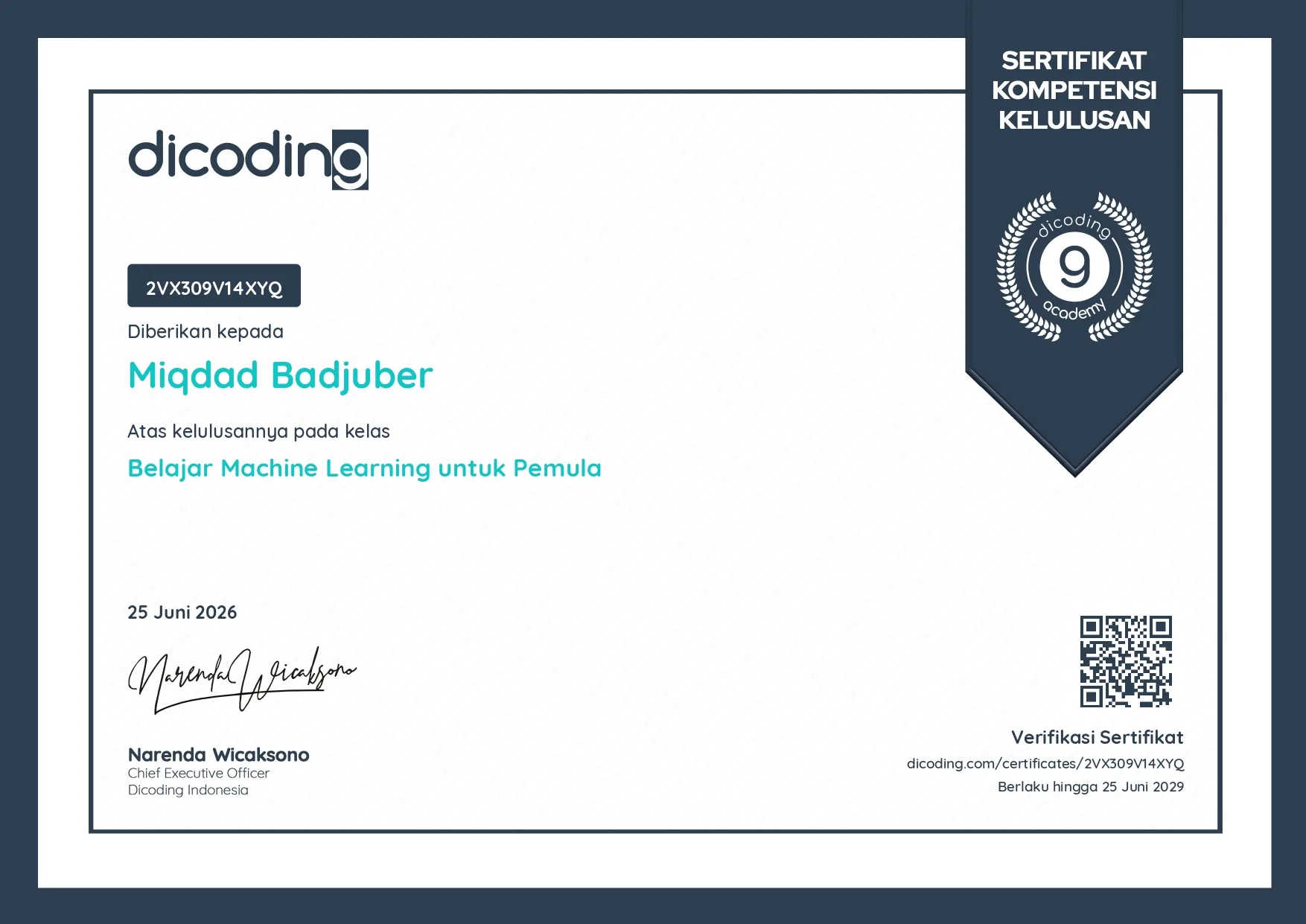 Certificate Belajar Machine Learning from Dicoding