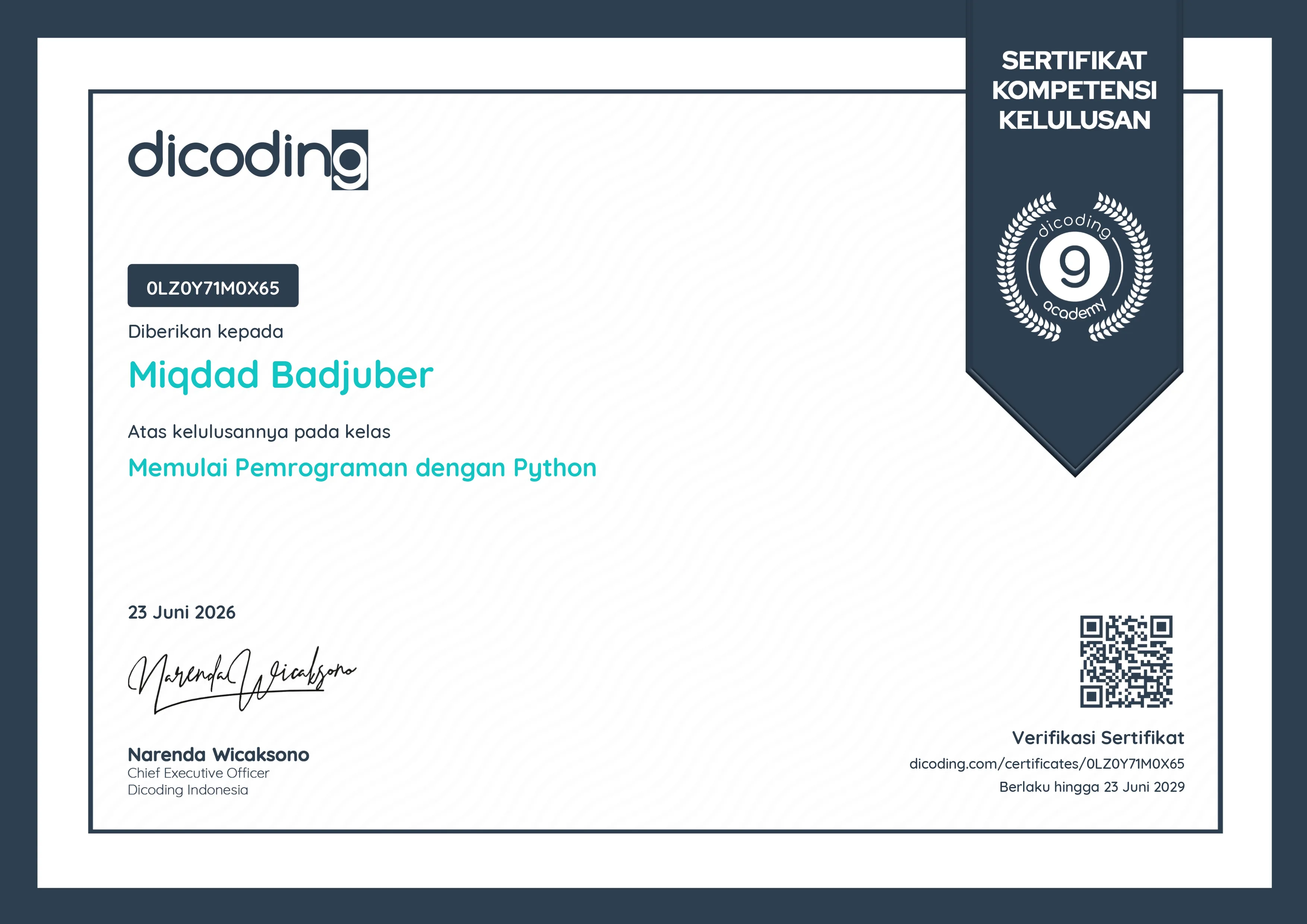 Certificate Pemrograman Python from Dicoding