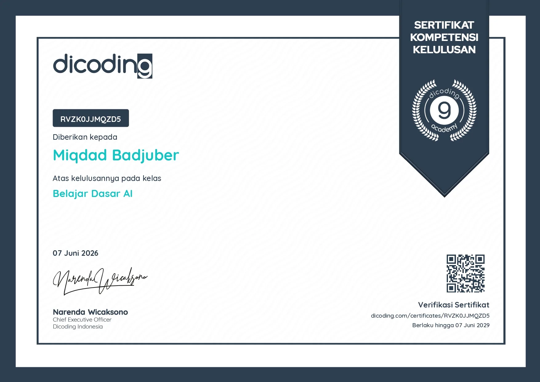 Certificate AI Engineer from Dicoding